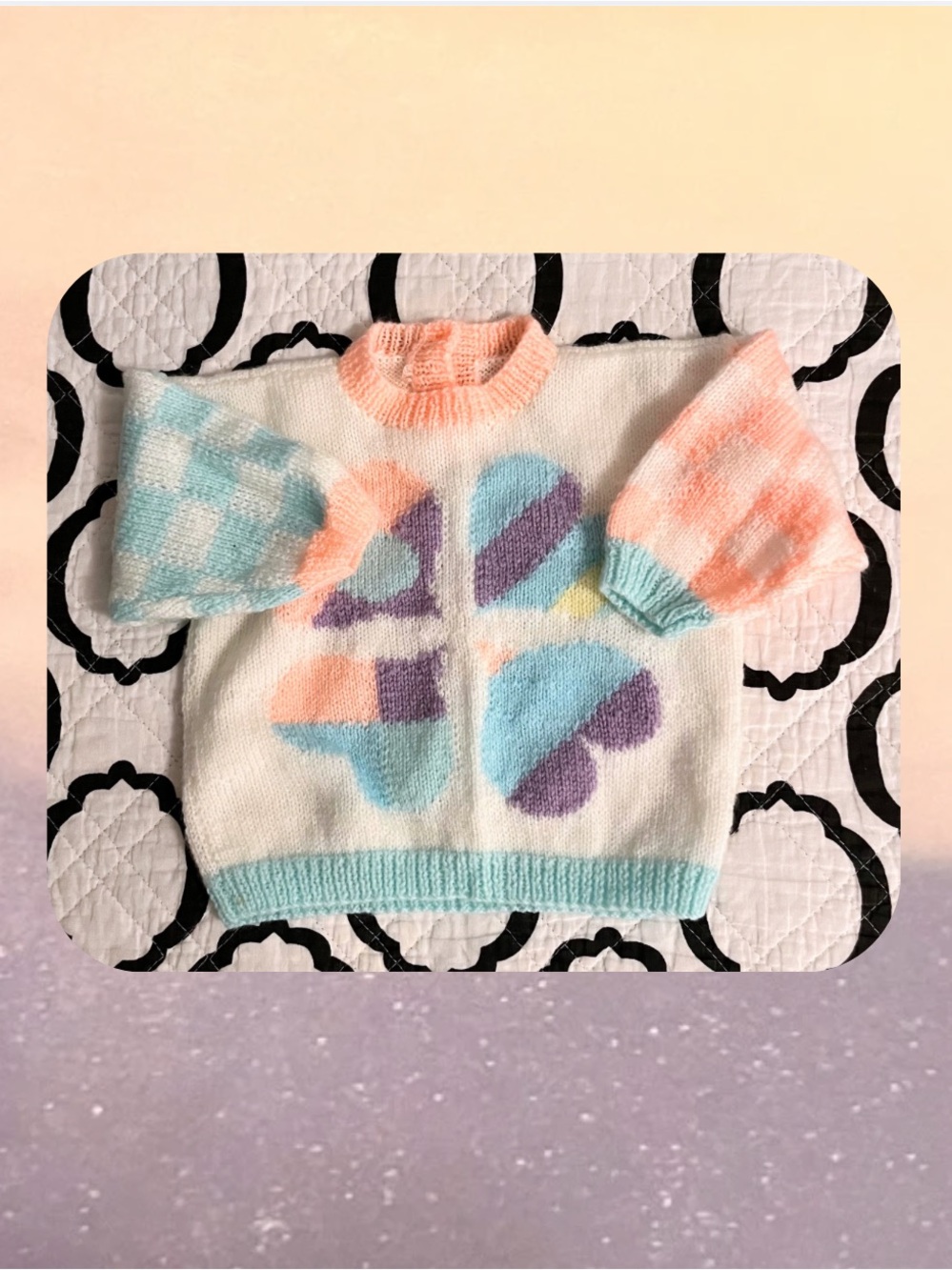 Hand Knit Pastel Heart Motif Pullover Sweater